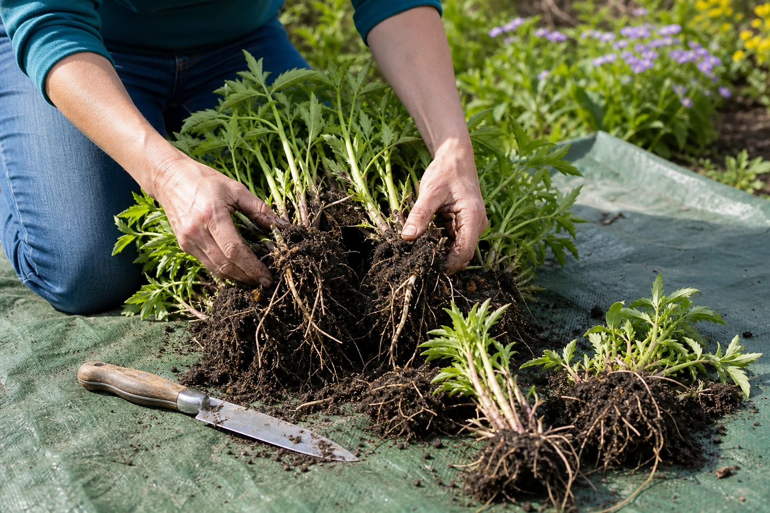 Hands separating a healthy perennial root clump into smaller divisions on a garden tarp