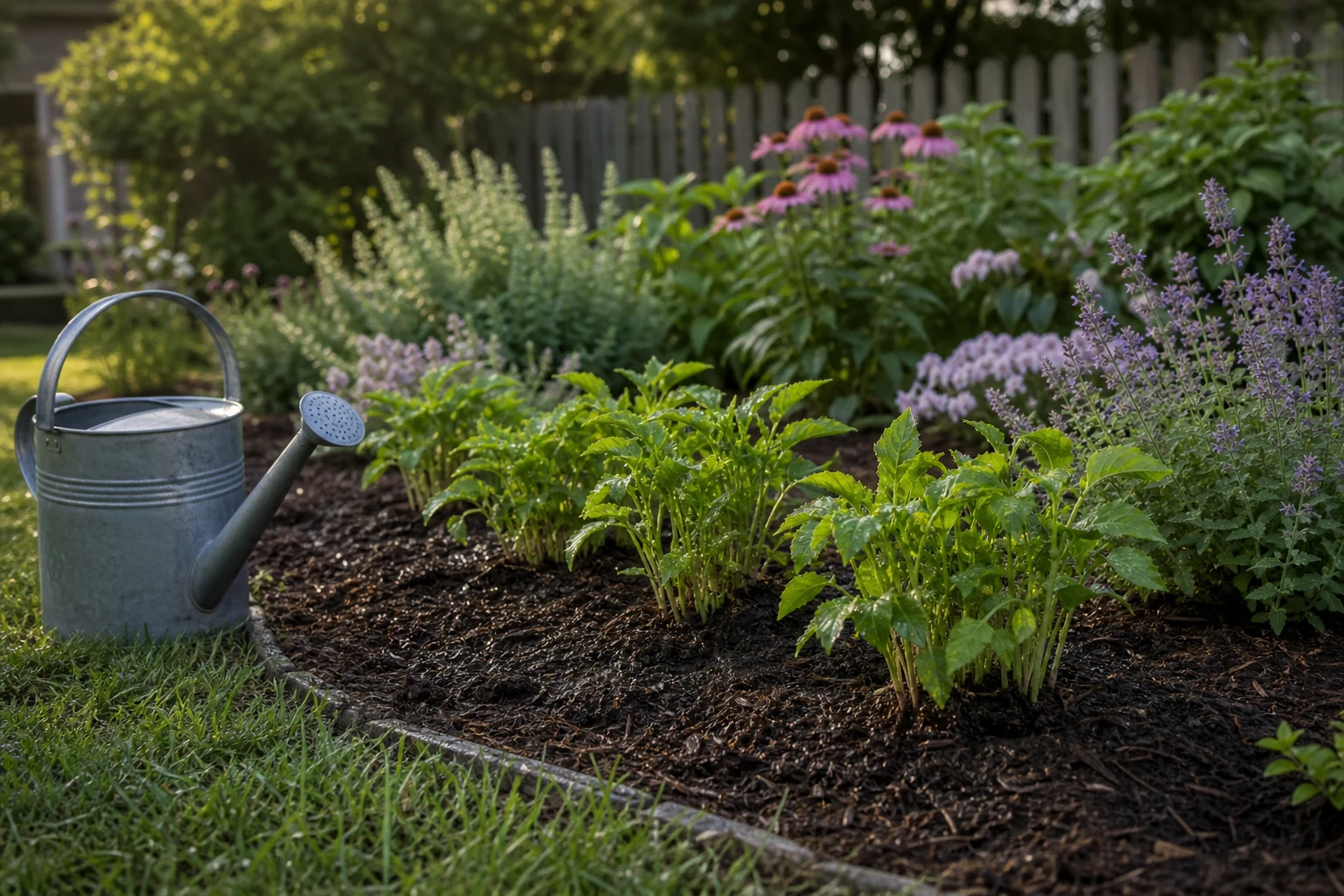 Freshly divided perennials watered and settled into a mulched garden border