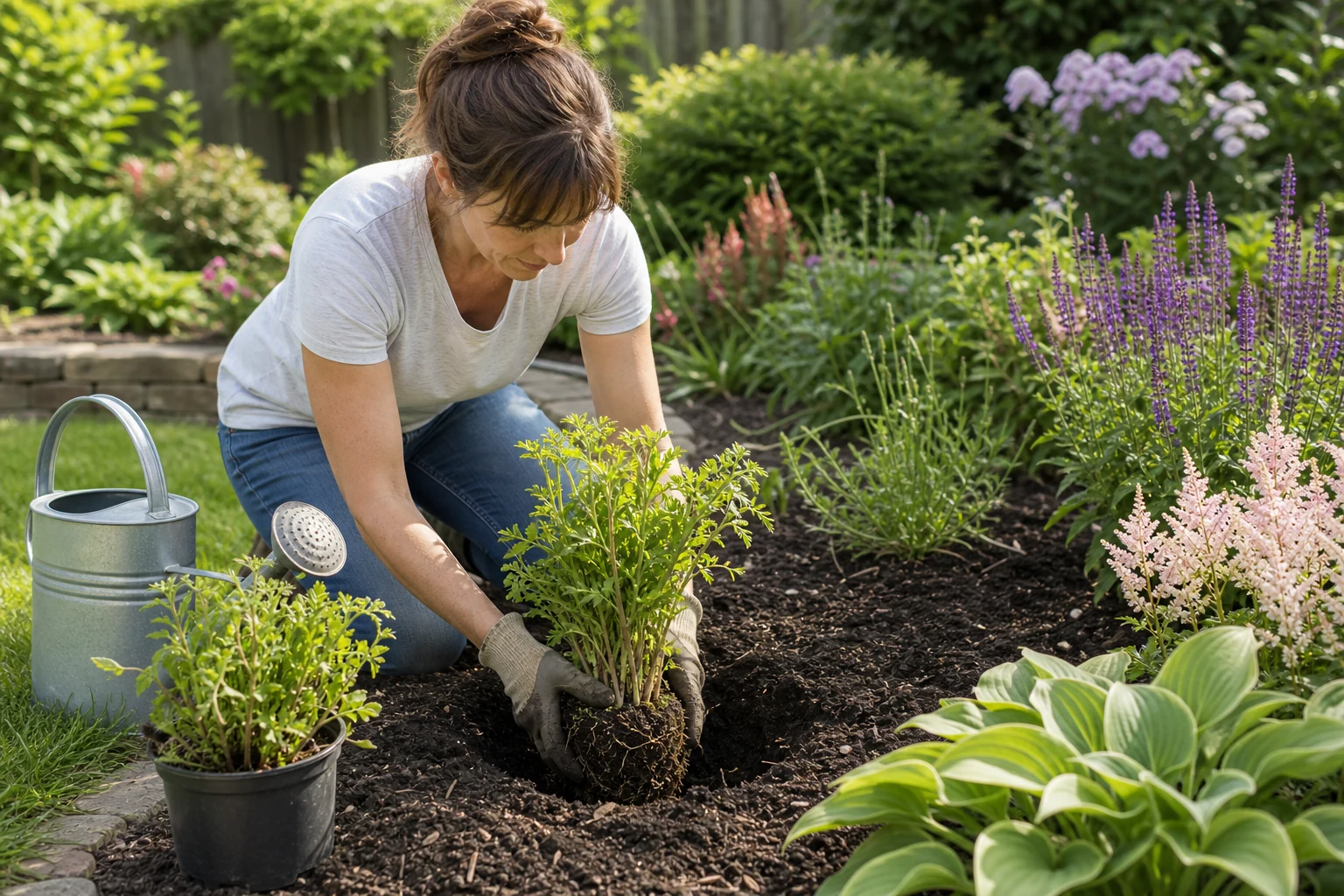 Replanting a divided perennial into fresh soil in a sunny garden bed