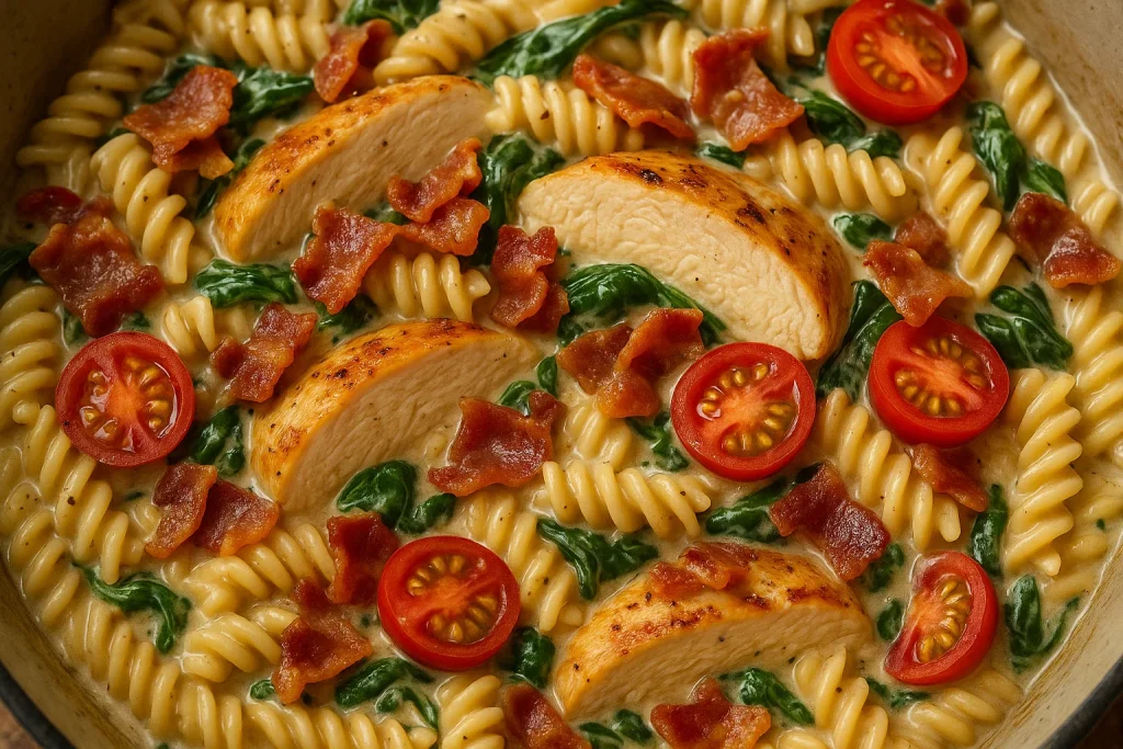 Chicken and Bacon Pasta with Spinach and Tomatoes in Garlic Cream Sauce
