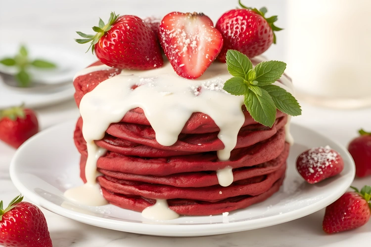 Red Velvet Pancakes with Cream Cheese Drizzle