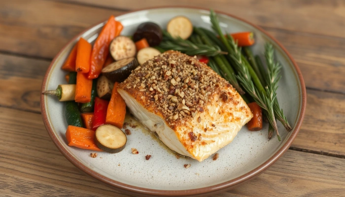 Pecan-Crusted Salmon with Fresh Veggie Sides