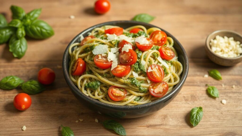 Basil Pesto Pasta with Cherry Tomatoes and Parmesan