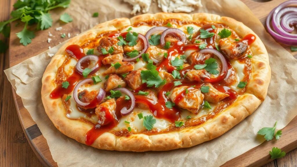 BBQ Chicken Flatbread Pizza with Red Onion and Cilantro