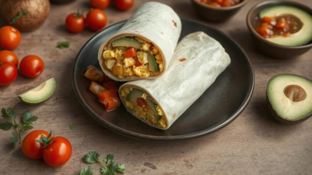 Breakfast Burrito with Scrambled Eggs, Avocado, and Salsa