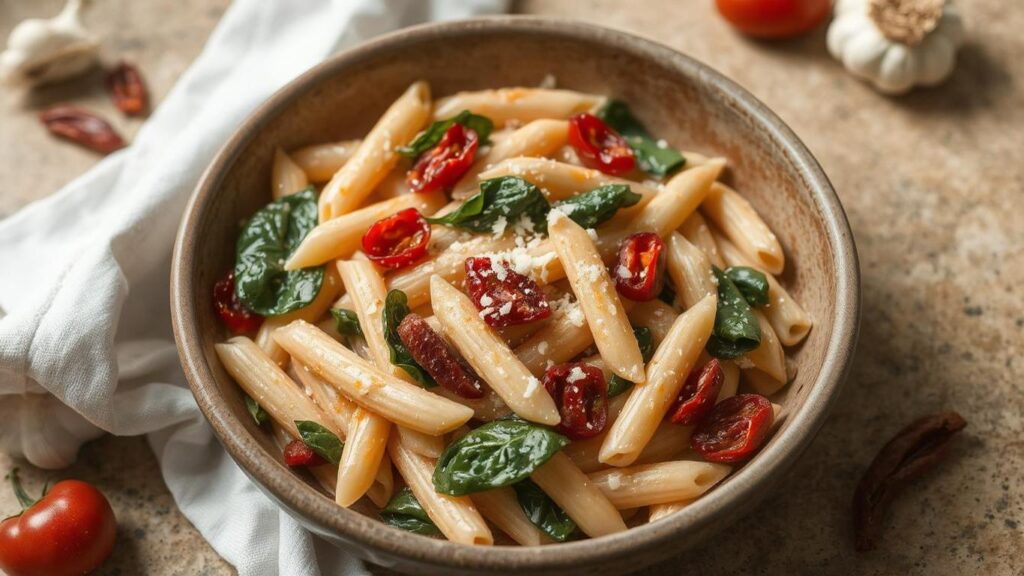 Creamy Sun-Dried Tomato Pasta with Spinach and Garlic