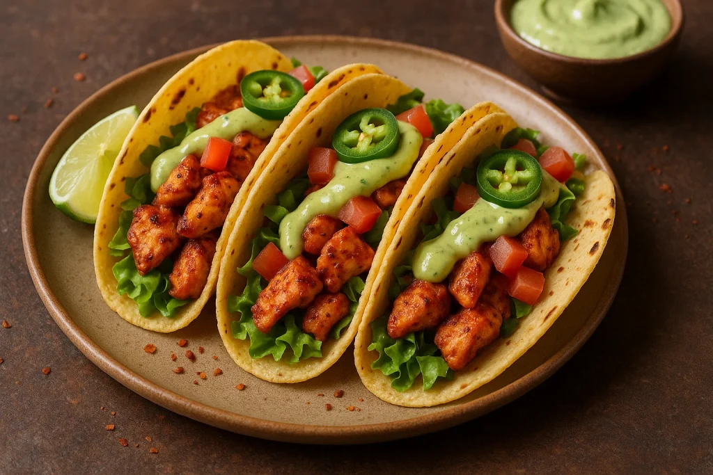 Spicy Chicken Tacos with Creamy Avocado Sauce