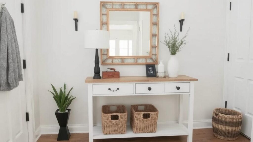 Chic Entryway Styling with Console, Mirror & Baskets