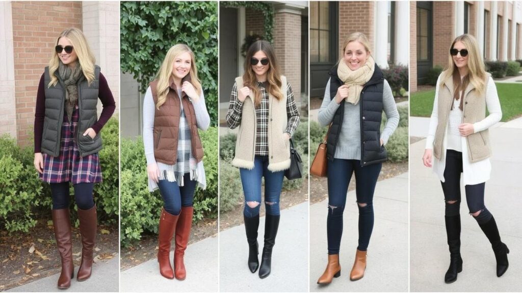 Cozy Fall Outfits with Brown Boots & Puffy Vests