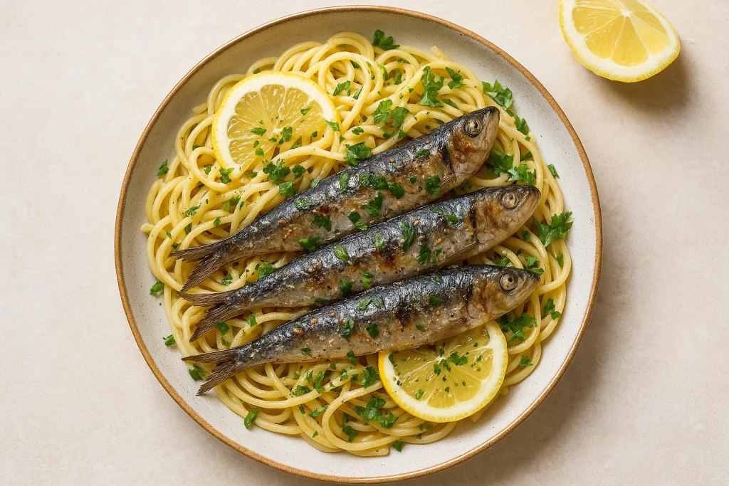 Grilled Sardine Pasta with Lemon & Herbs
