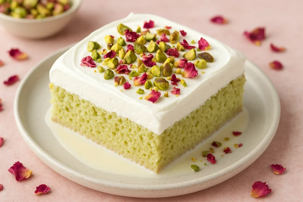 Pistachio Rose Milk Cake with Cream Topping