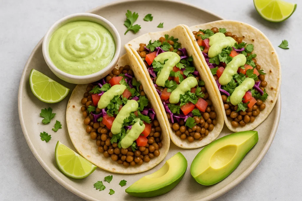 Vegan Lentil Tacos with Avocado Lime Sauce