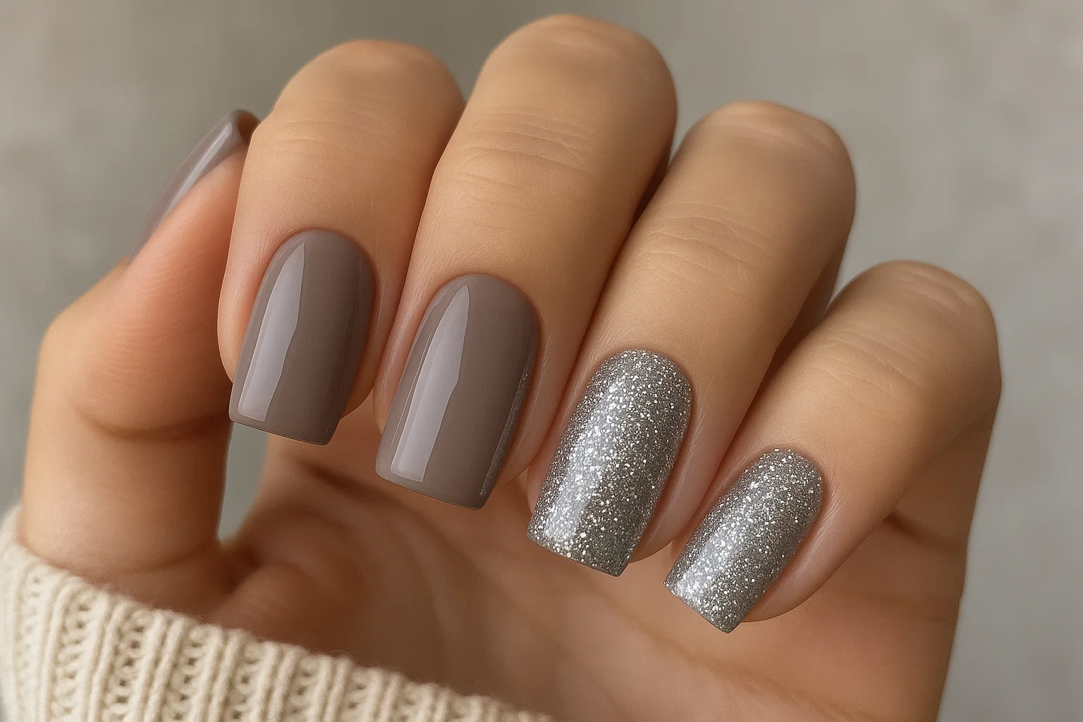 grayish-taupe-silver-glitter-nails