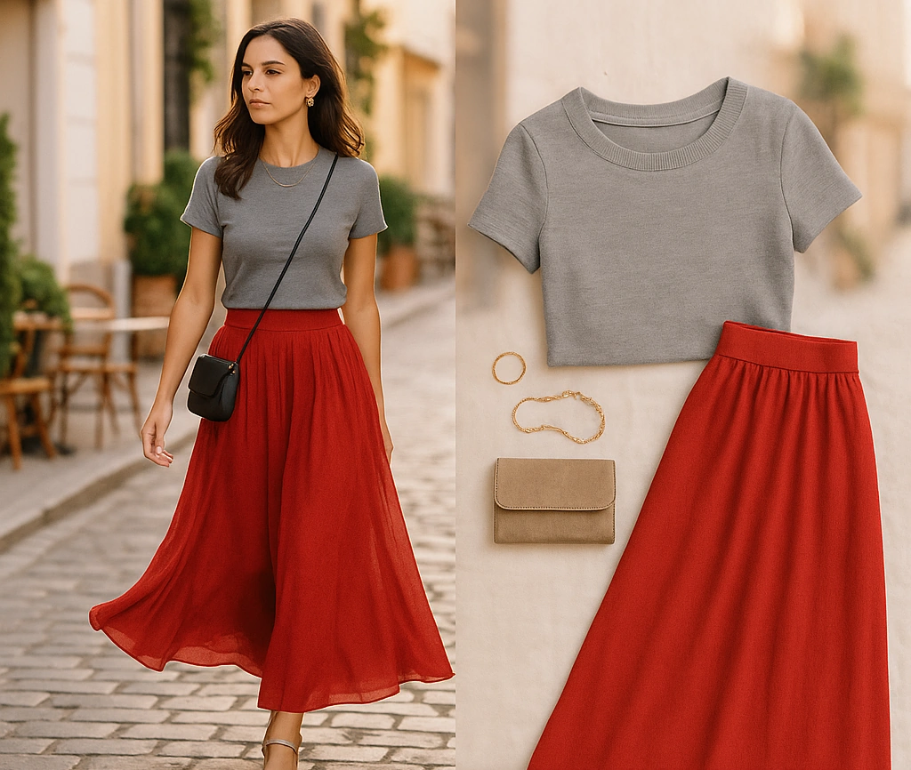 Grey Top & Red Maxi Skirt: A Chic and Stylish Outfit