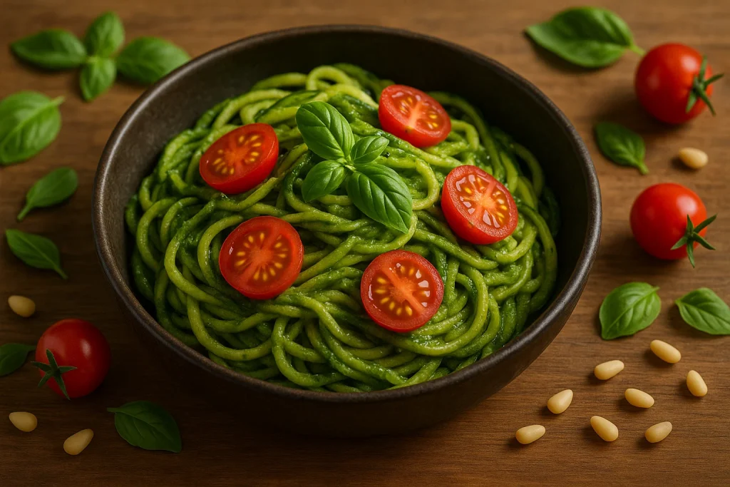Zucchini Noodles with Pesto and Cherry Tomatoes
