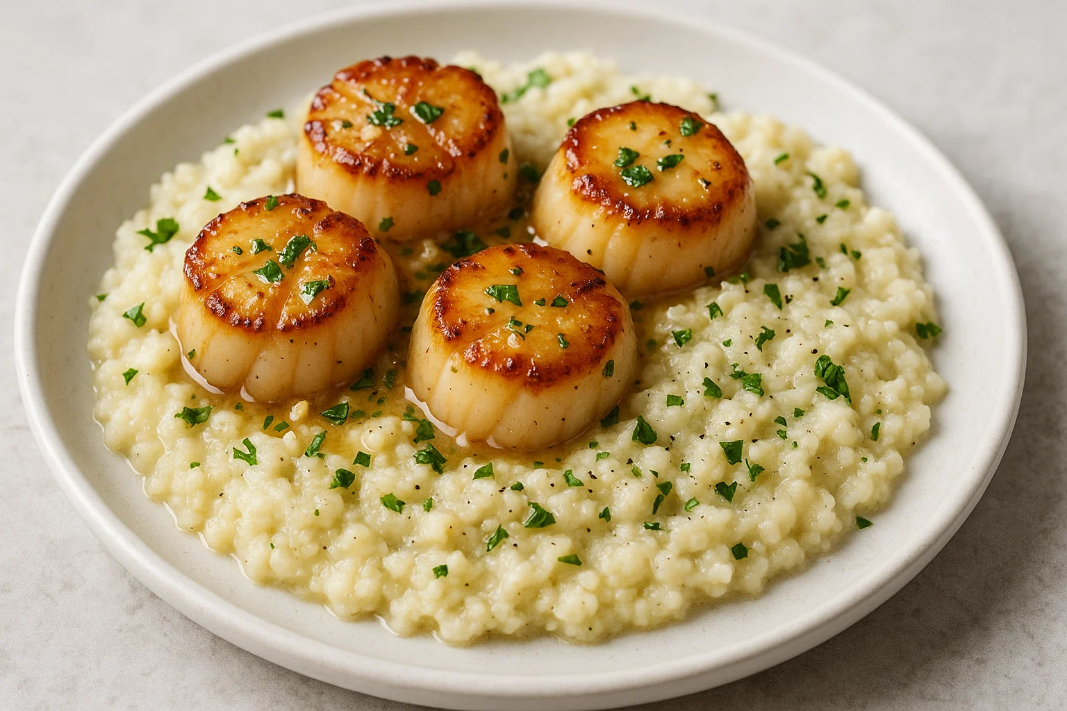 Garlic Butter Scallops with Cauliflower Risotto