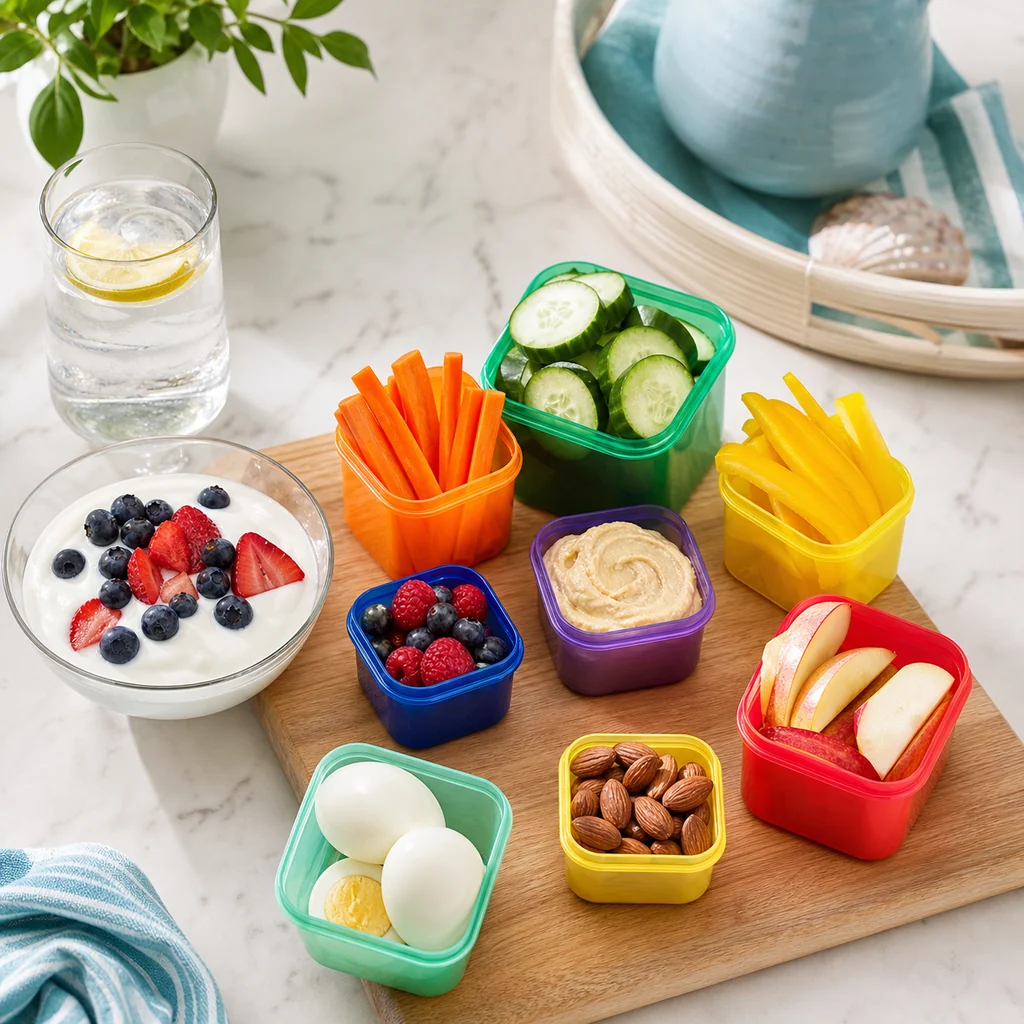21-Day Fix snack ideas with portion-controlled vegetables, fruit, protein, nuts, and yogurt for beach-ready meal prep