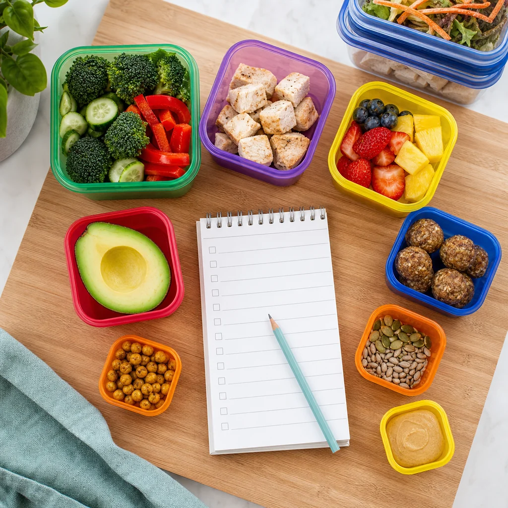 21-Day Fix snack meal prep checklist with colorful portion containers for vegetables, fruit, protein, healthy fats, and seeds