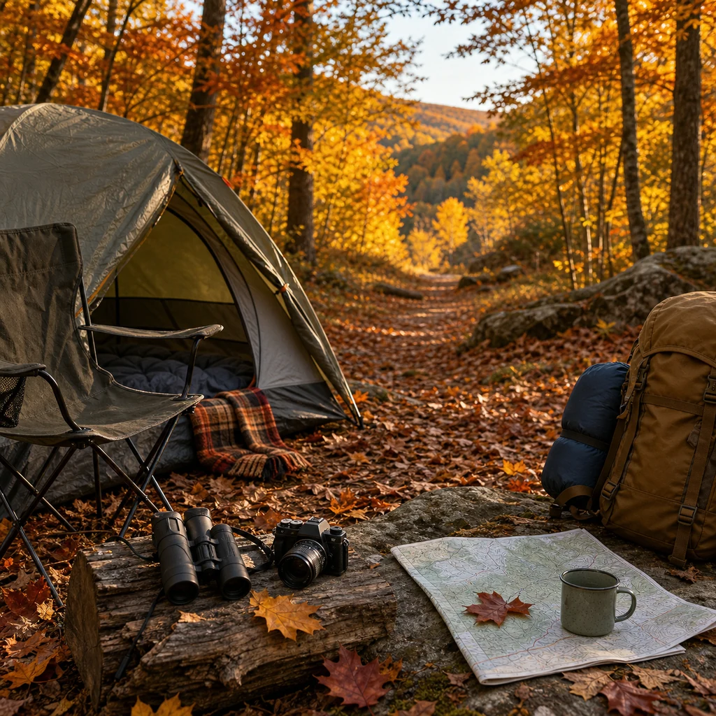 Autumn camping activities with tent, forest trail, binoculars, camera, and fall leaves