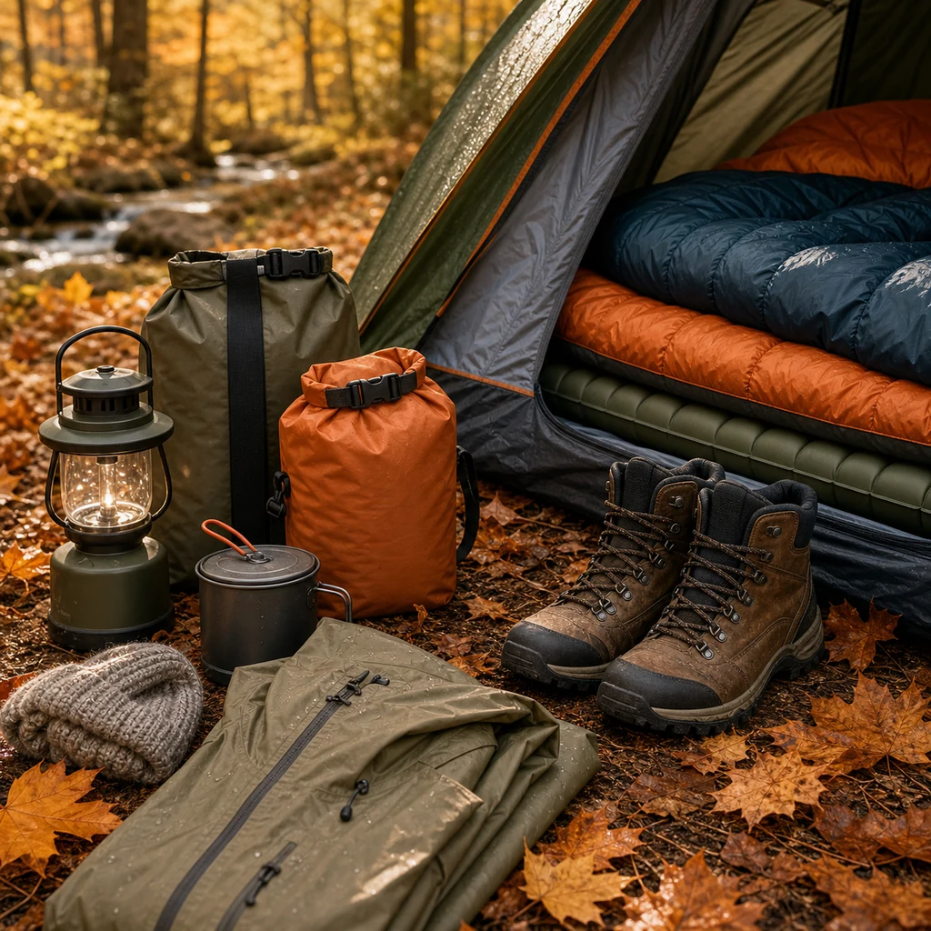 Autumn camping gear with tent, sleeping bag, boots, rain jacket, and dry bags