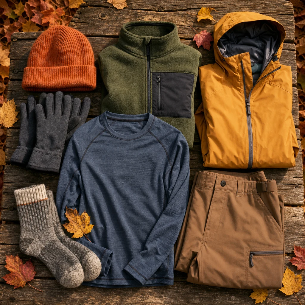 Layered autumn camping clothes with fleece jacket, waterproof shell, hat, gloves, and socks