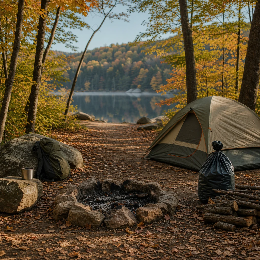 Leave No Trace autumn camping scene with clean campsite, packed gear, and protected fall landscape