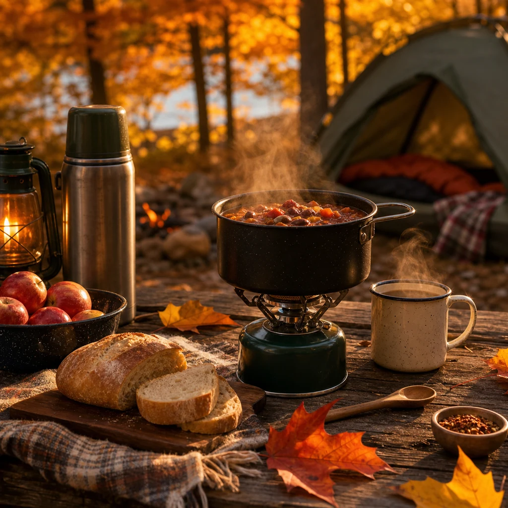 Cozy autumn camping meal with camp stove, warm soup, hot drink, and fall campsite setting