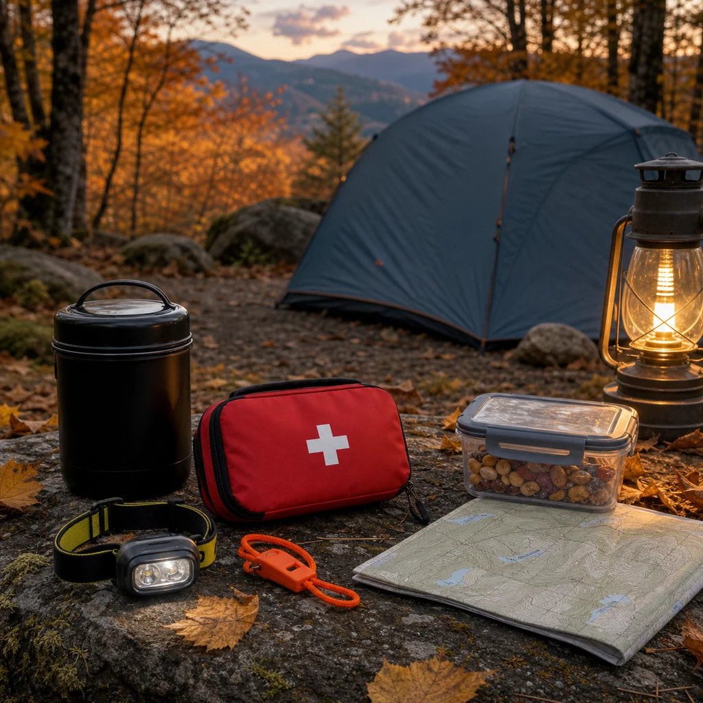 Autumn camping safety gear with first aid kit, headlamp, food storage, map, and lantern