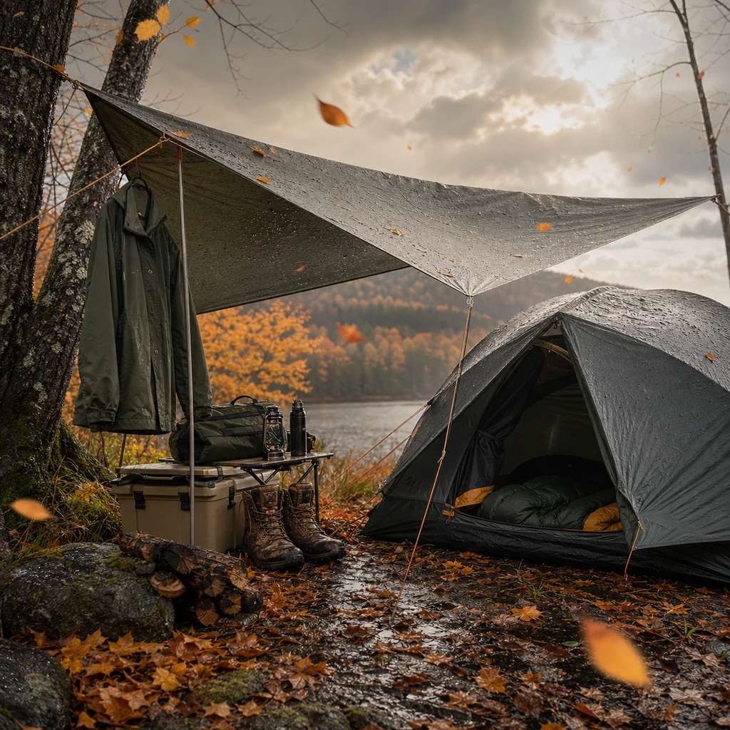 Autumn camping weather preparation with waterproof tent, tarp shelter, rain gear, and muddy boots