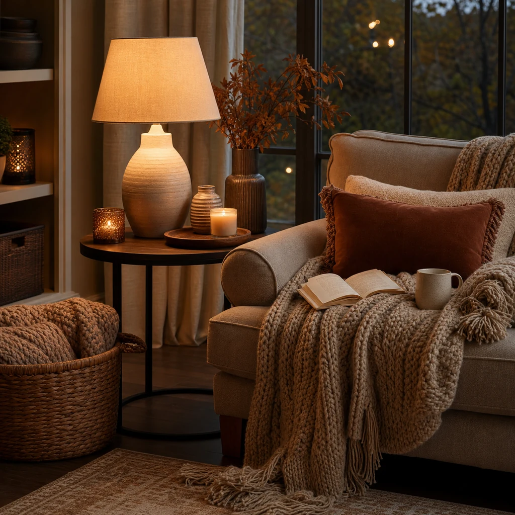 Cozy autumn reading nook with warm lamp light, candles, textured throw, book, mug, and woven basket