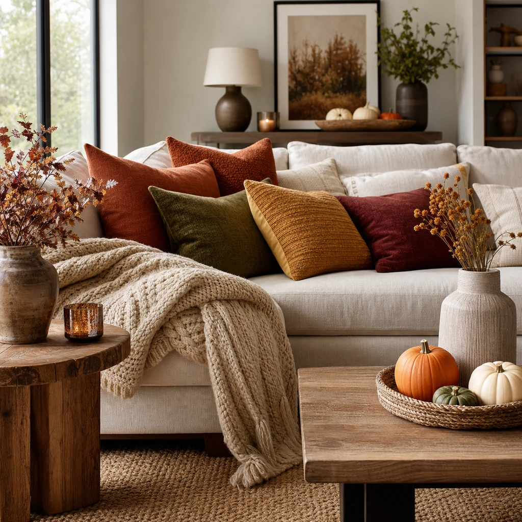 Autumn living room decor with earthy pillows, knit throw, woven rug, and dried stems