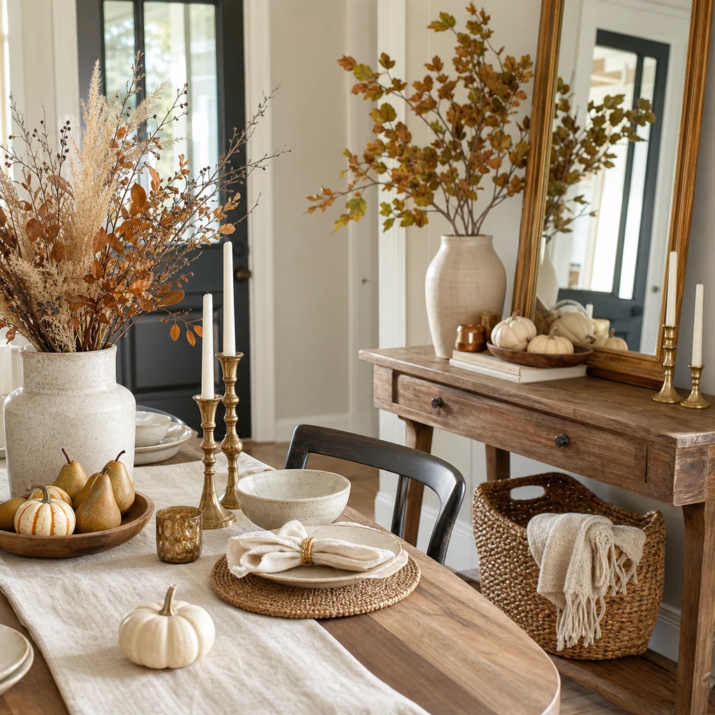 Autumn entryway and dining table decor with linen runner, dried grasses, pears, pumpkins, and brass candlesticks