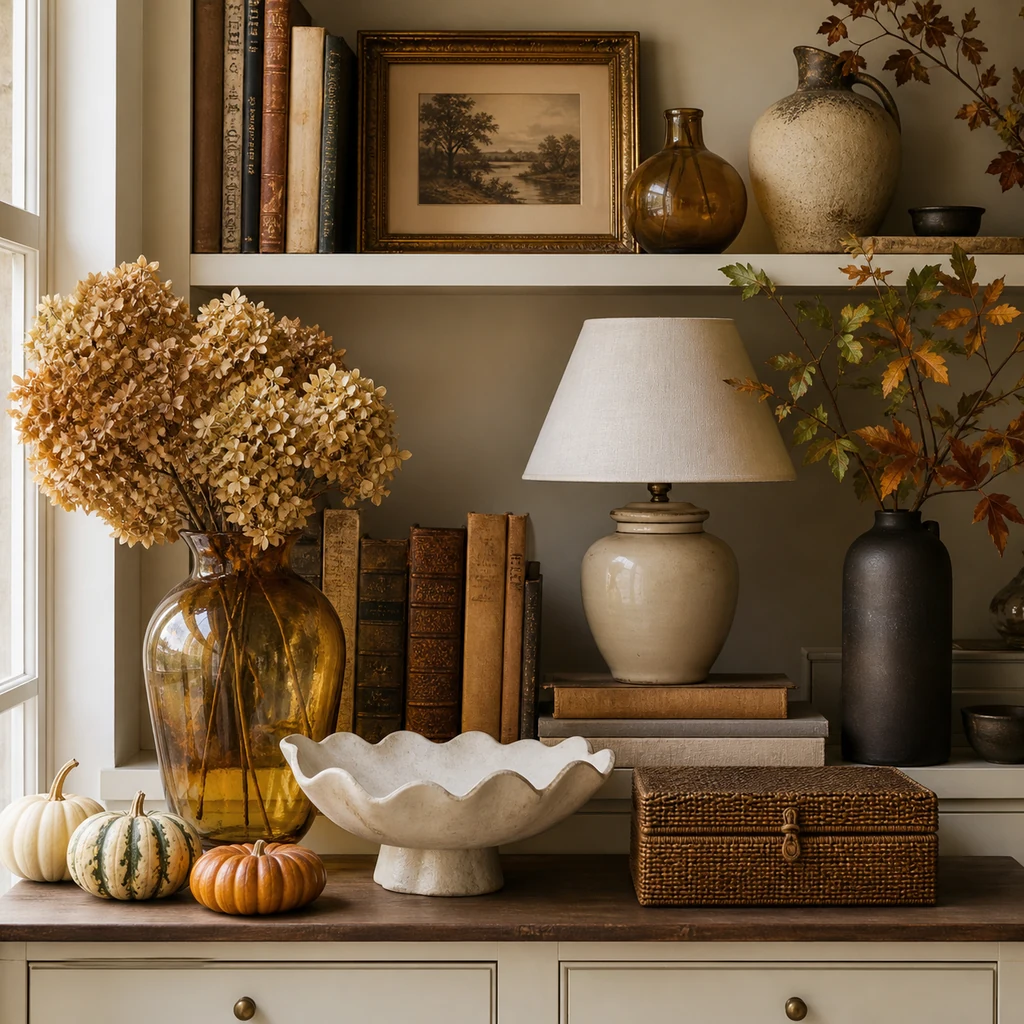 Autumn shelf decor mixing vintage brass accents, amber glass, dried hydrangeas, books, and ceramic vases