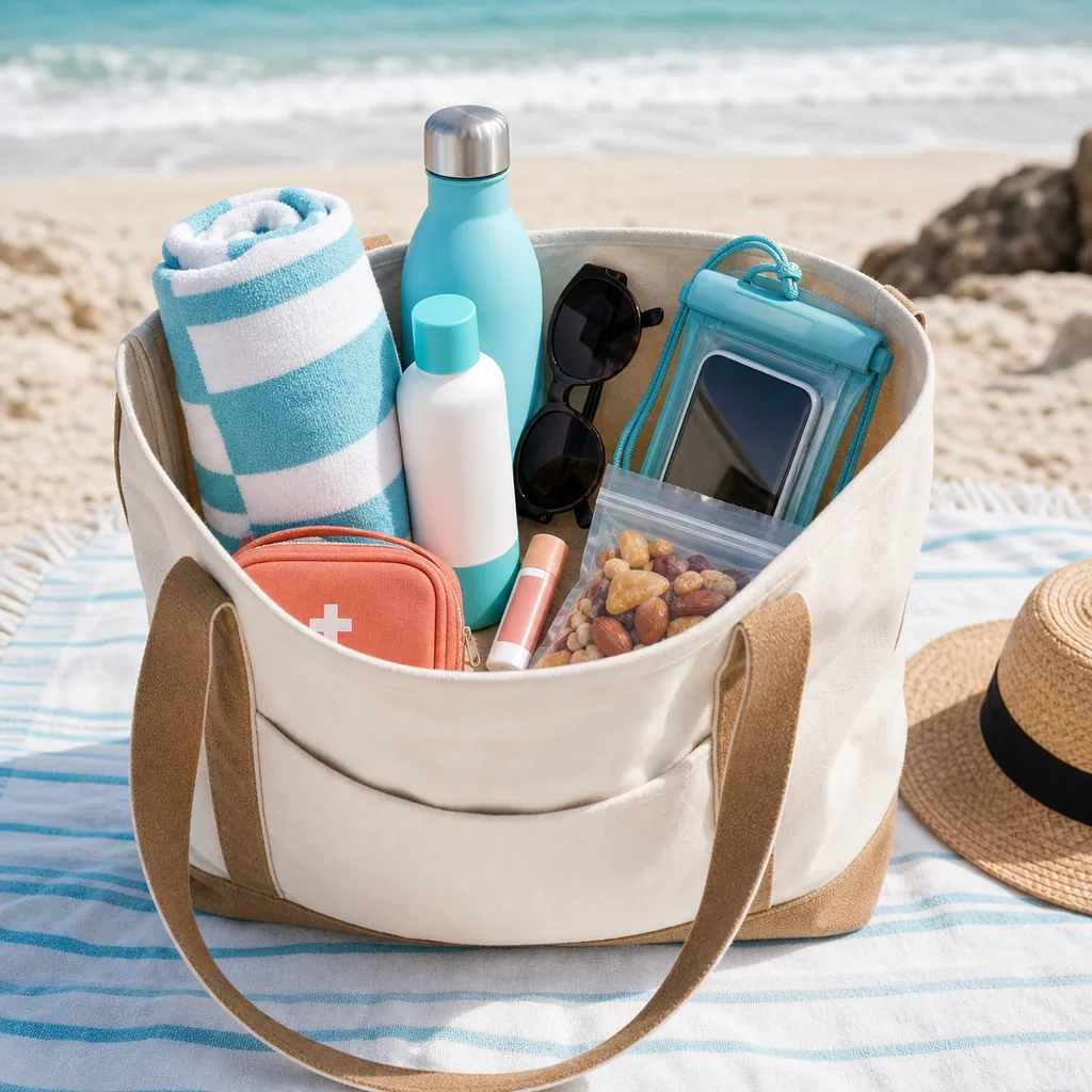 Open beach bag packed with towel sunscreen water bottle sunglasses snacks and phone pouch