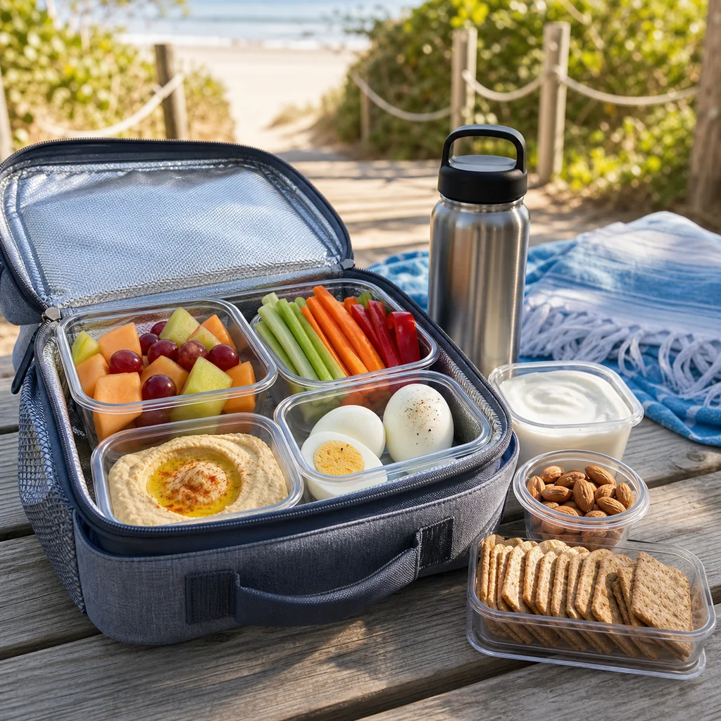 Portable beach-ready 21-Day Fix snacks packed in reusable containers with fruit, vegetables, hummus, eggs, and water