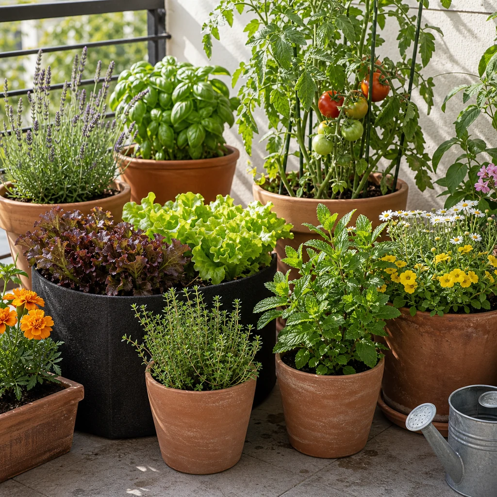 Beginner container garden on a sunny balcony with herbs, lettuce, flowers, and tomato plants