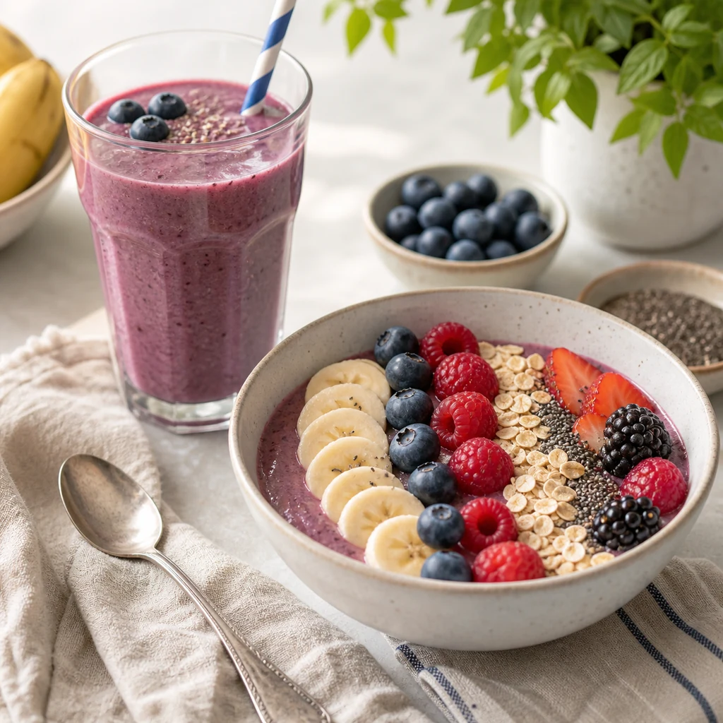 Berry breakfast smoothie bowl with banana oats chia seeds and a glass smoothie