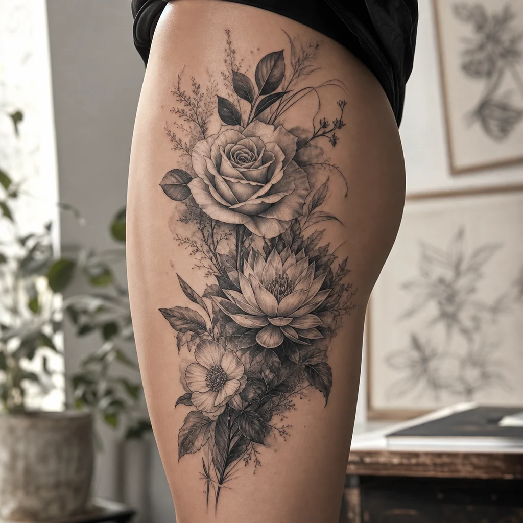 Black and grey flower tattoo with rose, lotus, leaves, and detailed shading
