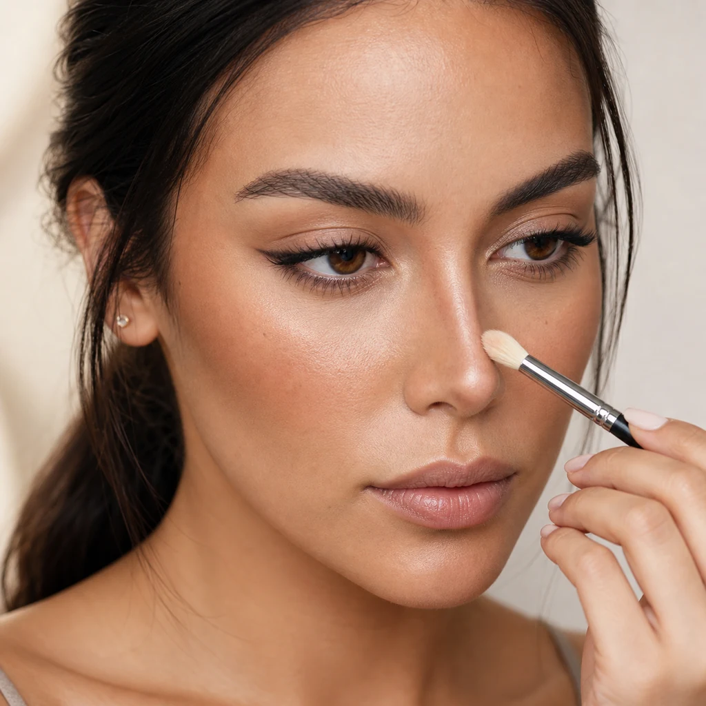 Blending nose contour softly with a small makeup brush