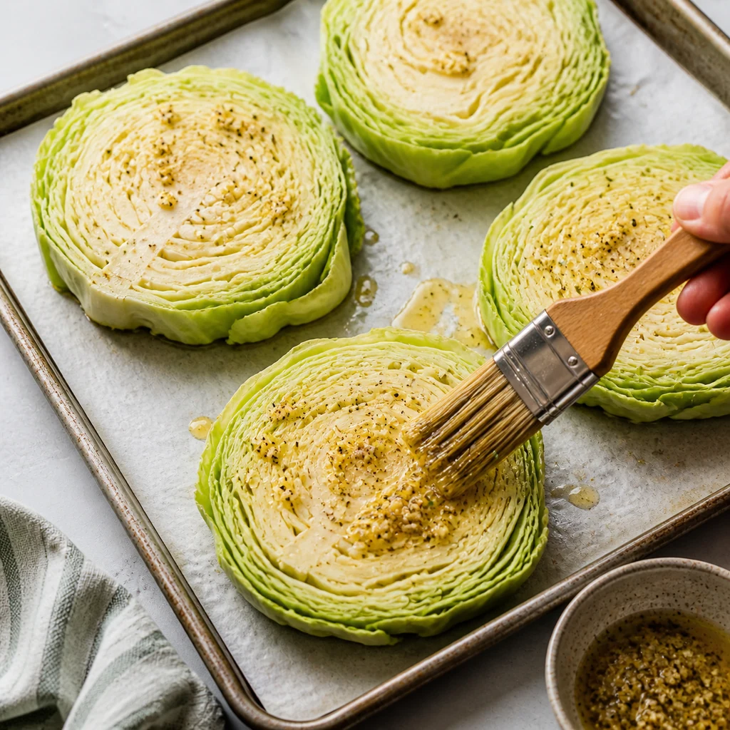 Brushing thick cabbage steaks with garlic olive oil on a baking sheet before roasting