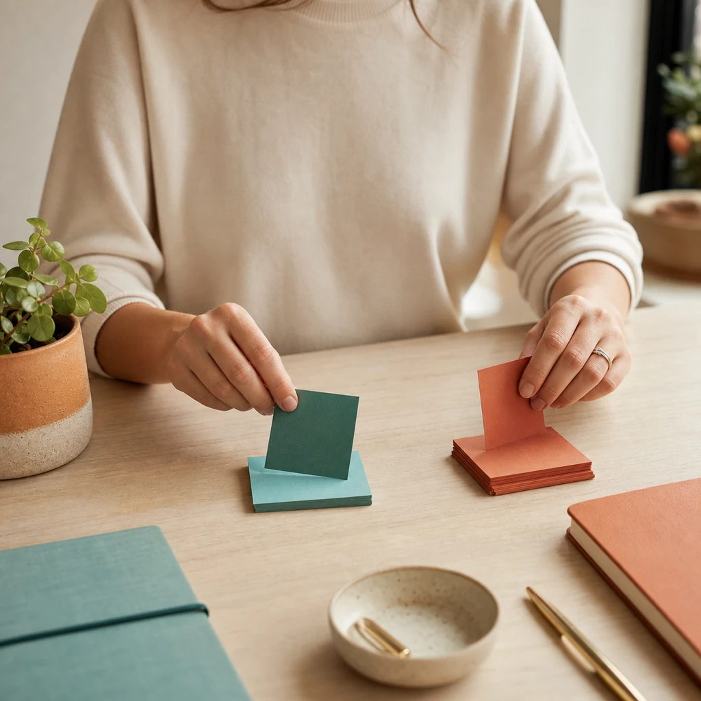 Hands sorting notes as a visual guide to boundaries and self trust