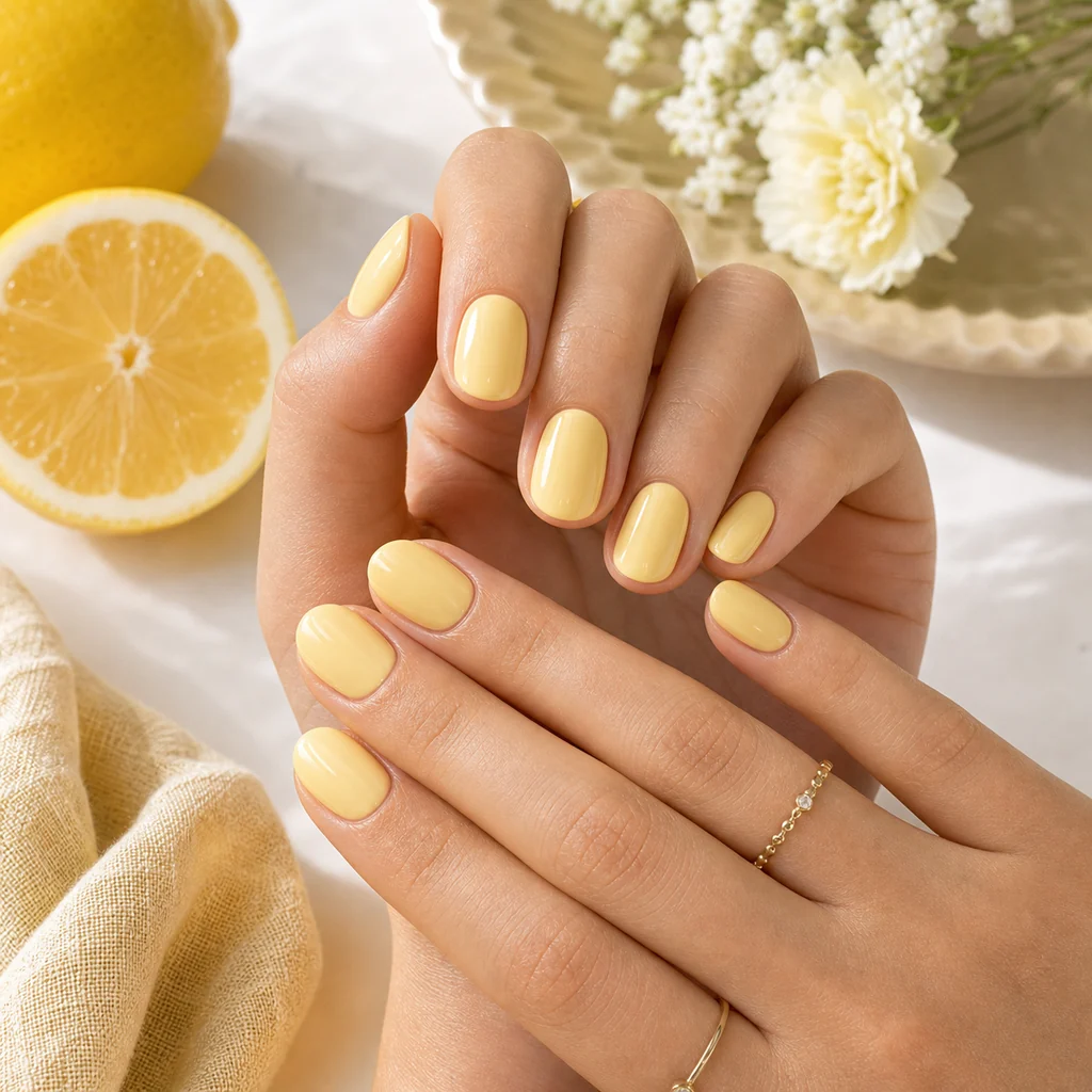 Butter yellow summer nails with short oval glossy manicure