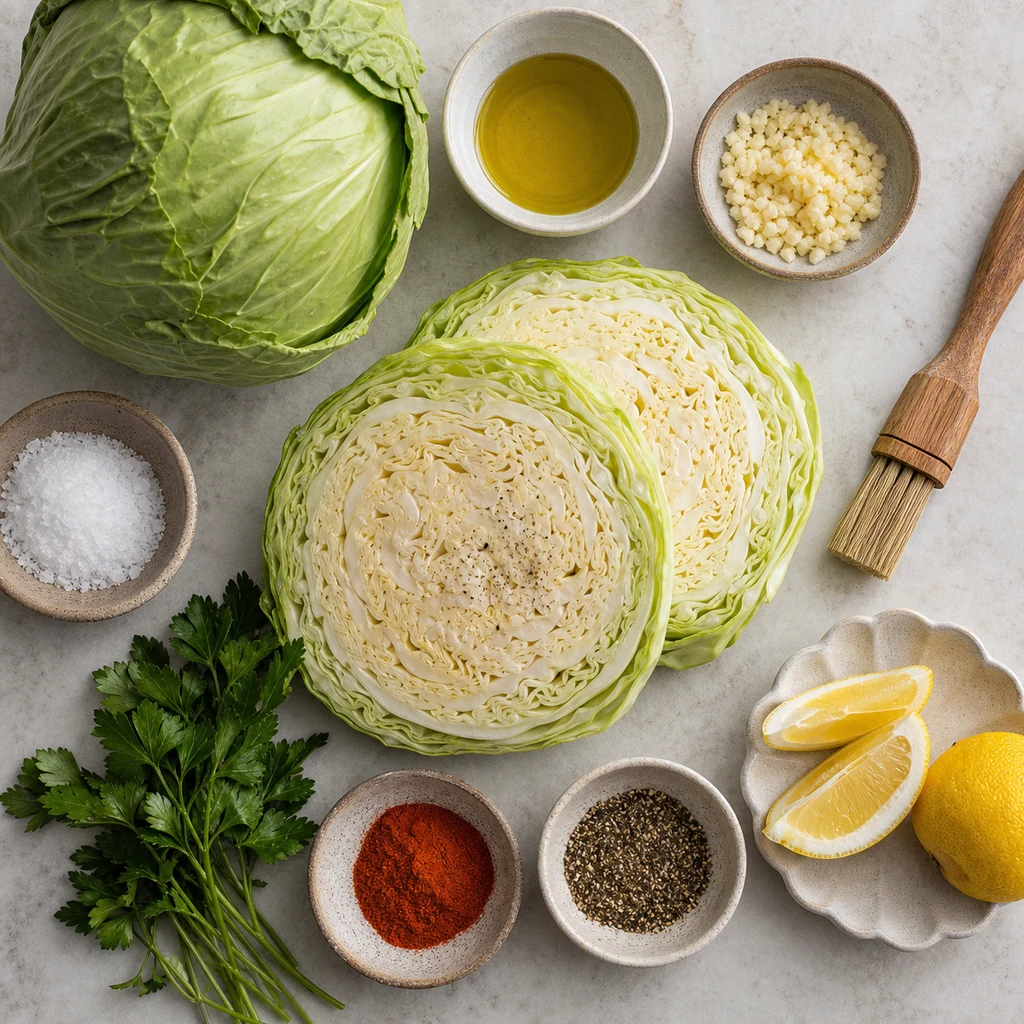 Green cabbage, olive oil, garlic, paprika, parsley, lemon, salt, and pepper for cabbage steaks