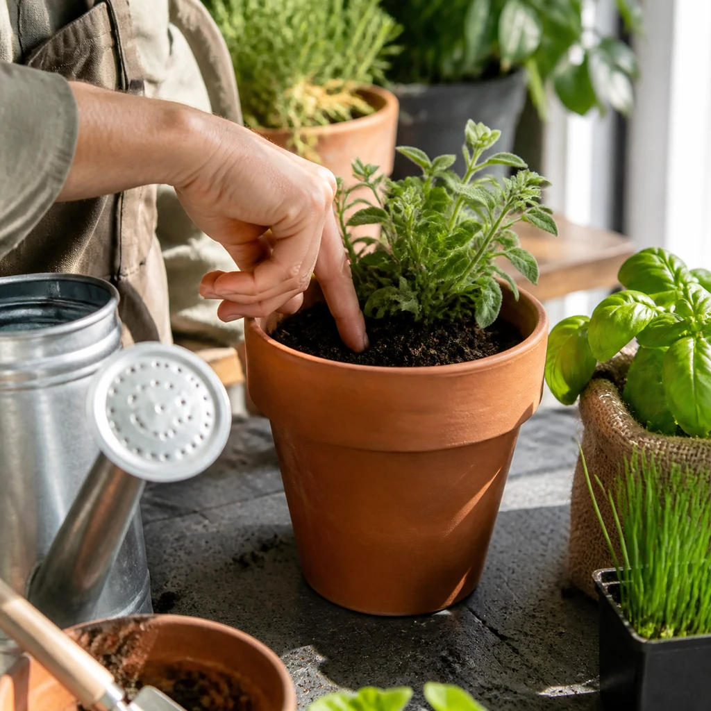 Gardener checking soil moisture before watering a potted plant