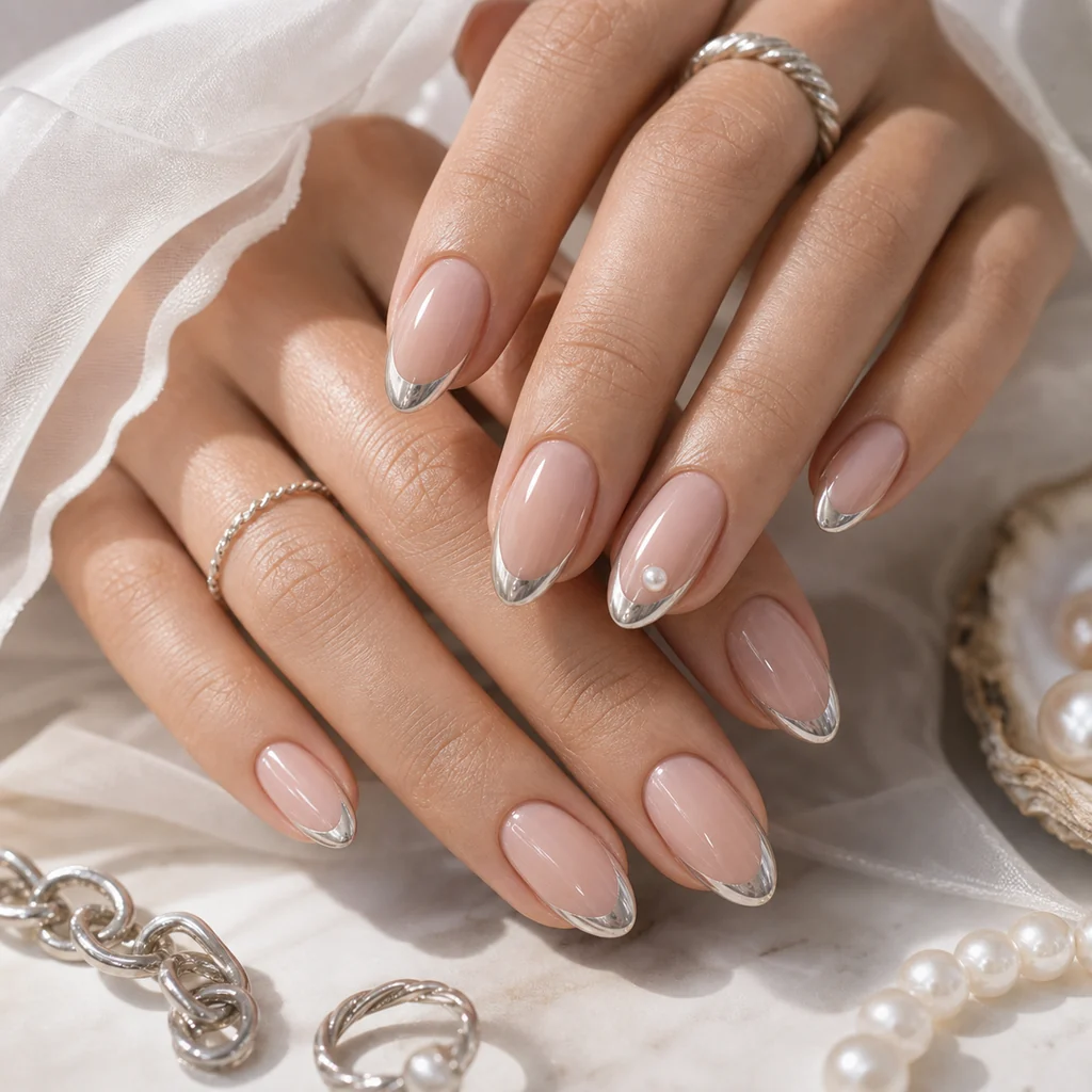 Minimal chrome French tip summer nails with sheer nude base and glossy glazed finish