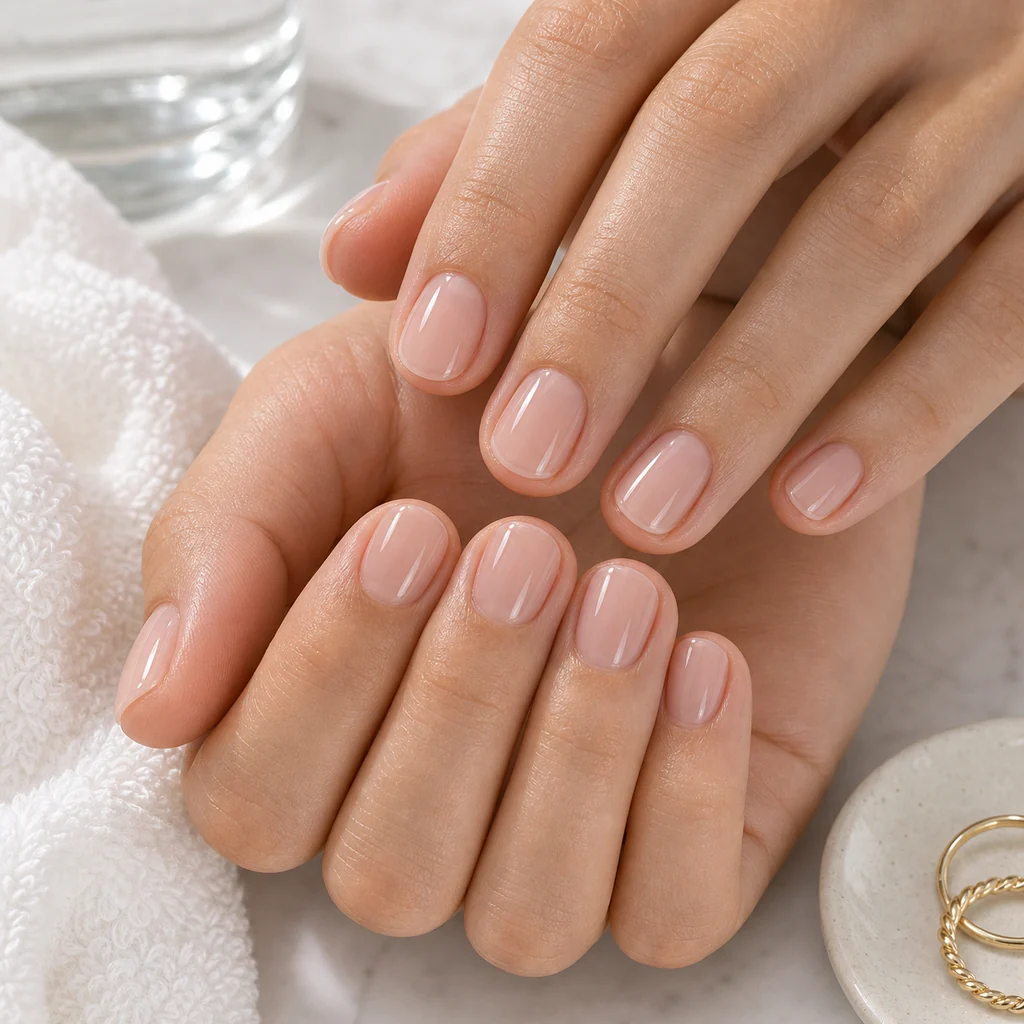 Clean girl short summer nails with clear glossy polish and natural pink nail beds