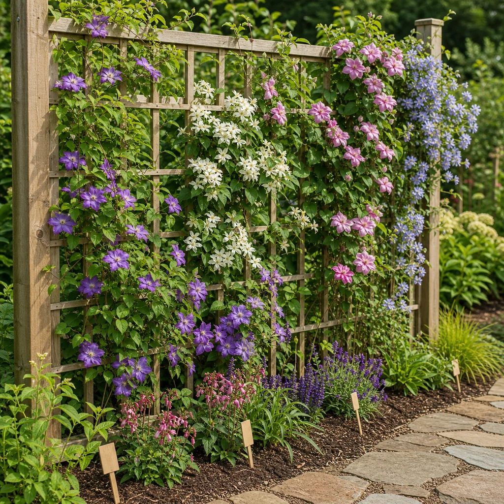 Climbing flowering vines trained on a wooden garden trellis with colorful blooms and healthy foliage
