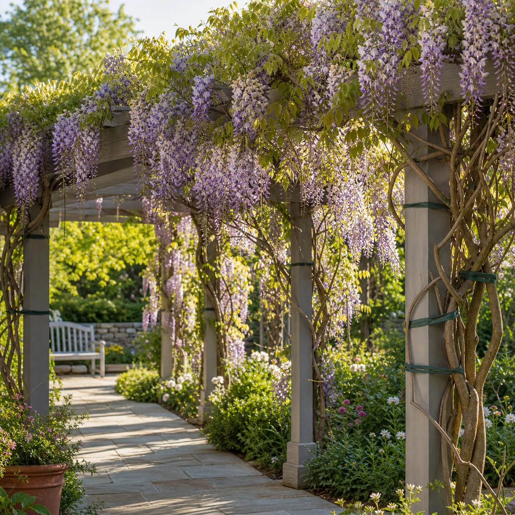 Flowering climbing vines covering a sturdy garden pergola with cascading purple blooms and green foliage