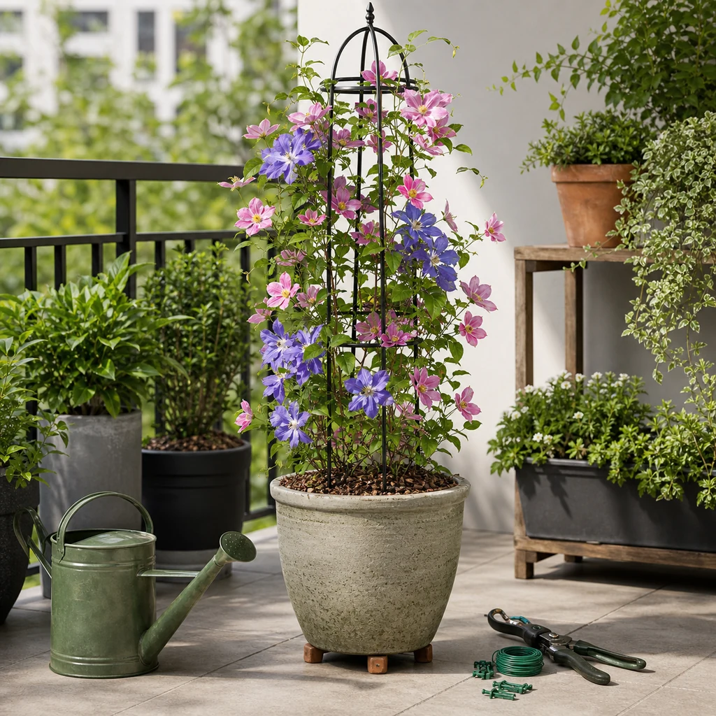 Container grown climbing flowering vine trained on a small trellis for balcony or patio gardening