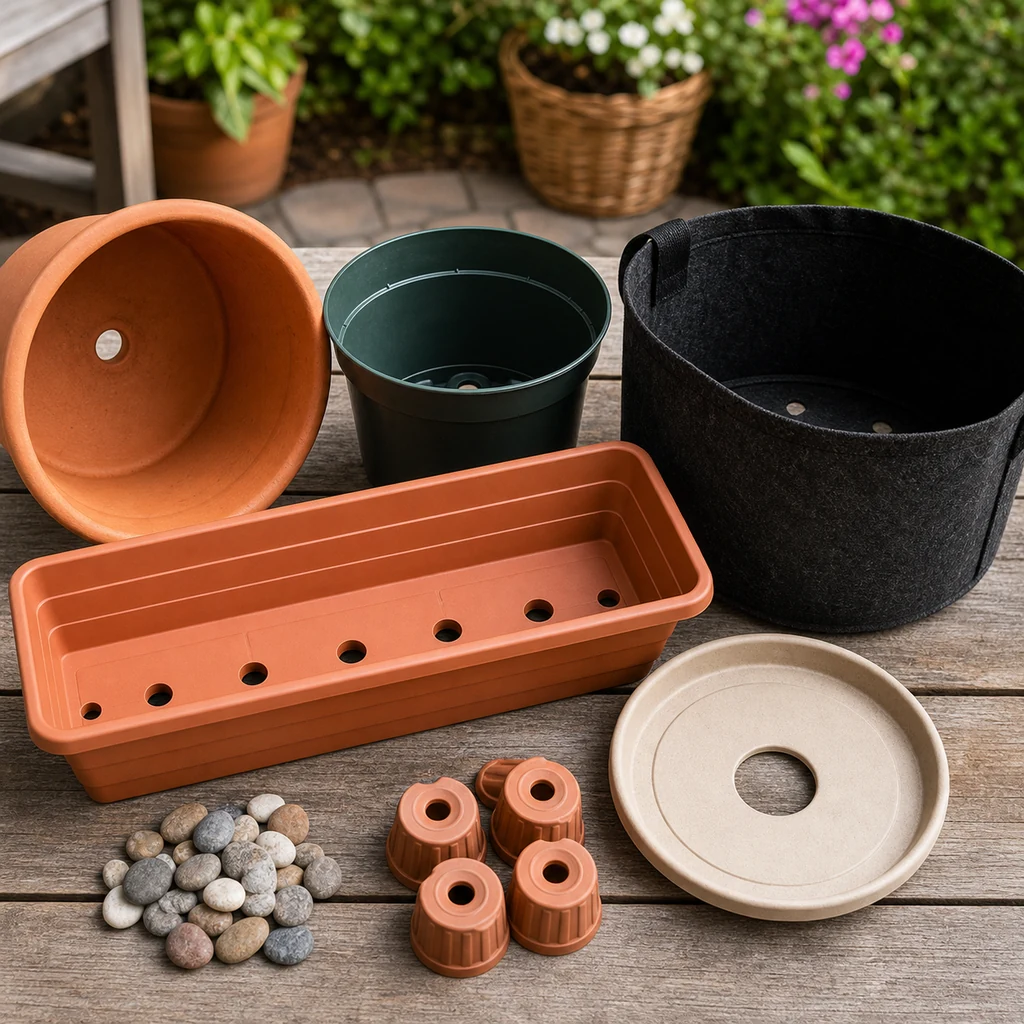 Patio garden pots with drainage holes saucers pot feet and grow bag for healthy summer plants